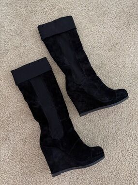Black Suede Knee-High Wedge Boots-Never Worn